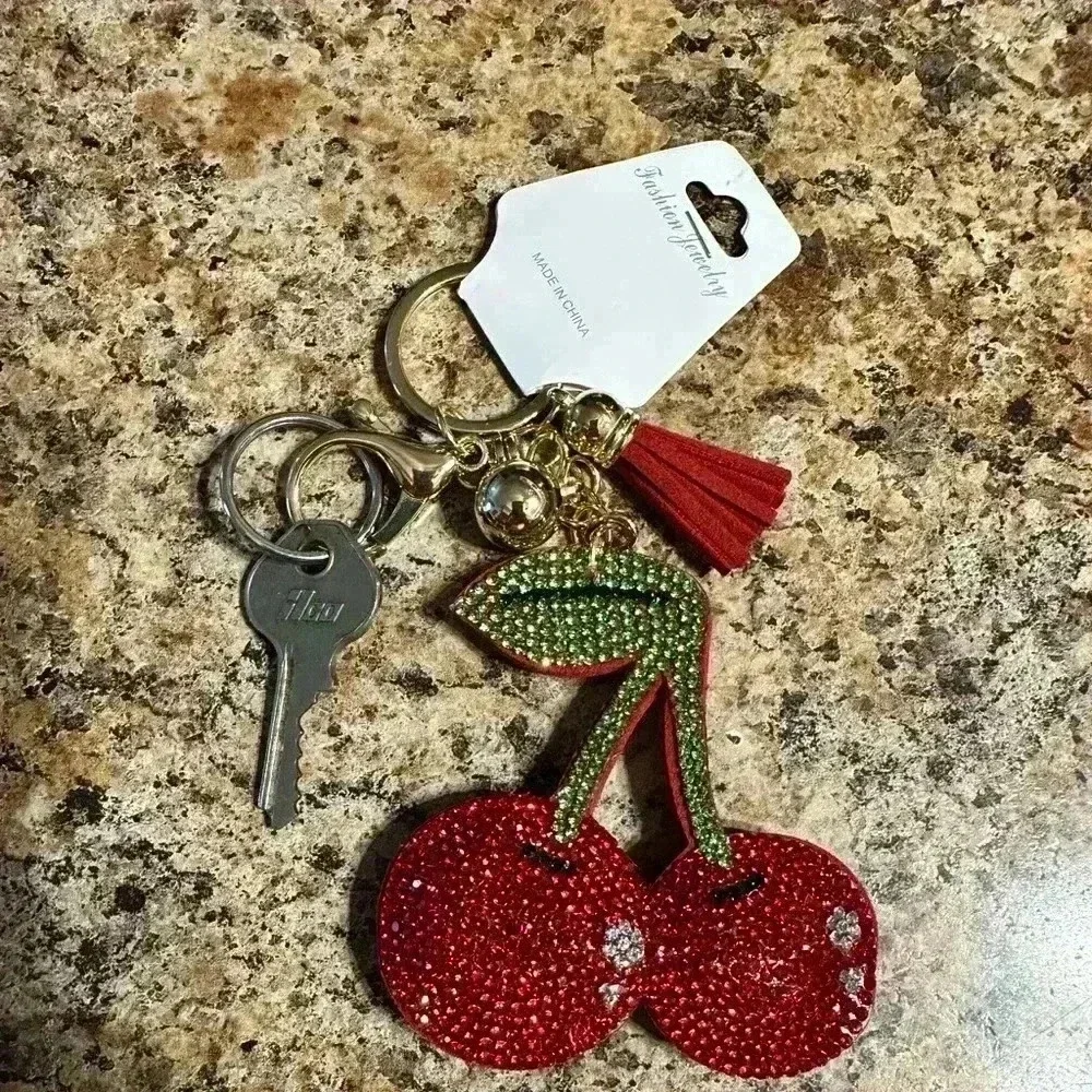 NWT Red Cherry Bag Charm or Keychain Ring Stainless Steel Flat Gem Cherries…